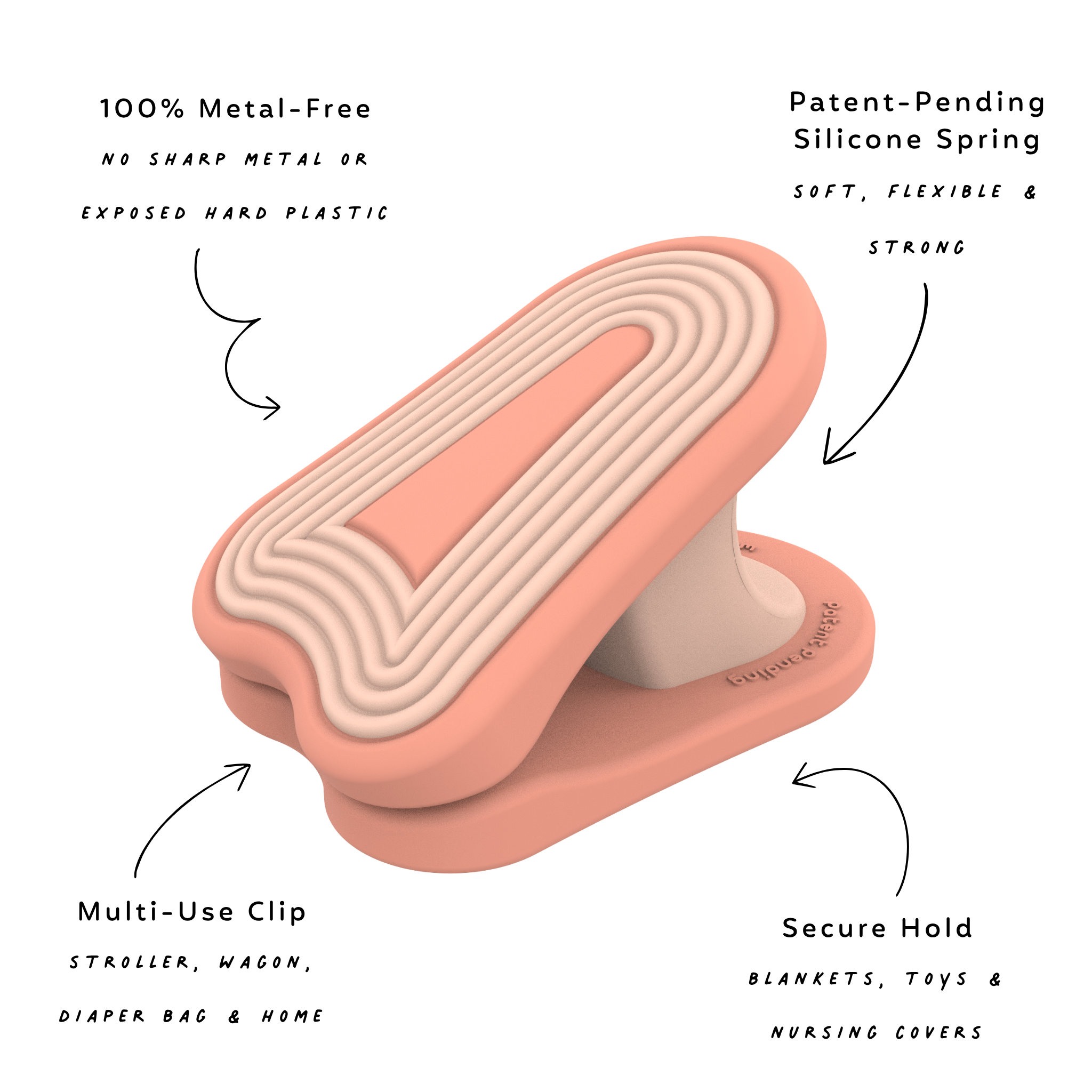 A metal-free silicone baby clip shown on a white background with four callout text labels explaining its features: 100% metal-free, patent-pending silicone spring, multi-use clip, and secure hold.