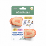 A retail package of two silicone spring clips by whimSi clips. The clips are peach and cream striped, and they are attached to a green and white cardboard backing card with product details and illustrations.